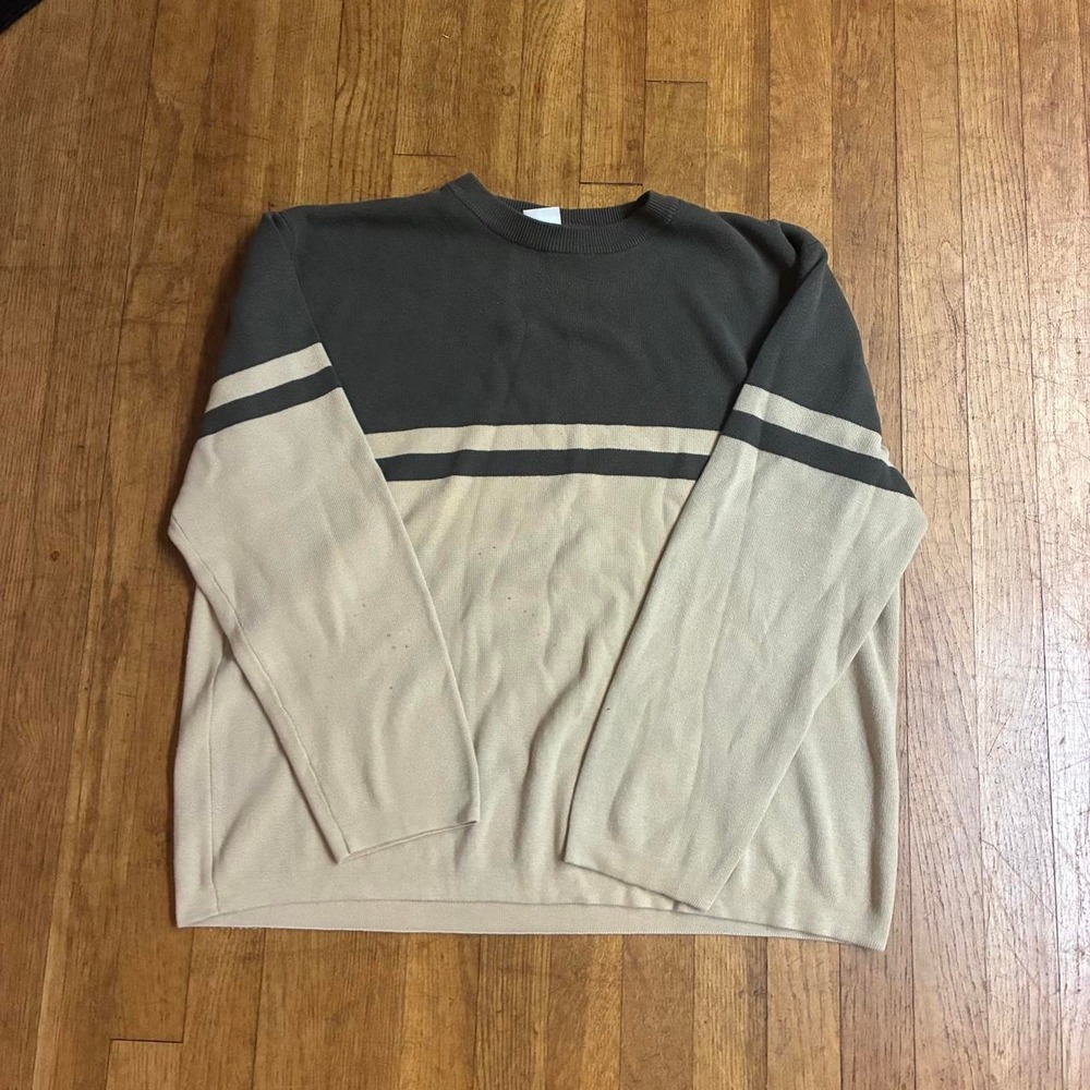 Vintage Utility Men Colorblock Striped Knit Sweater L Gray Beige Y2K Australia